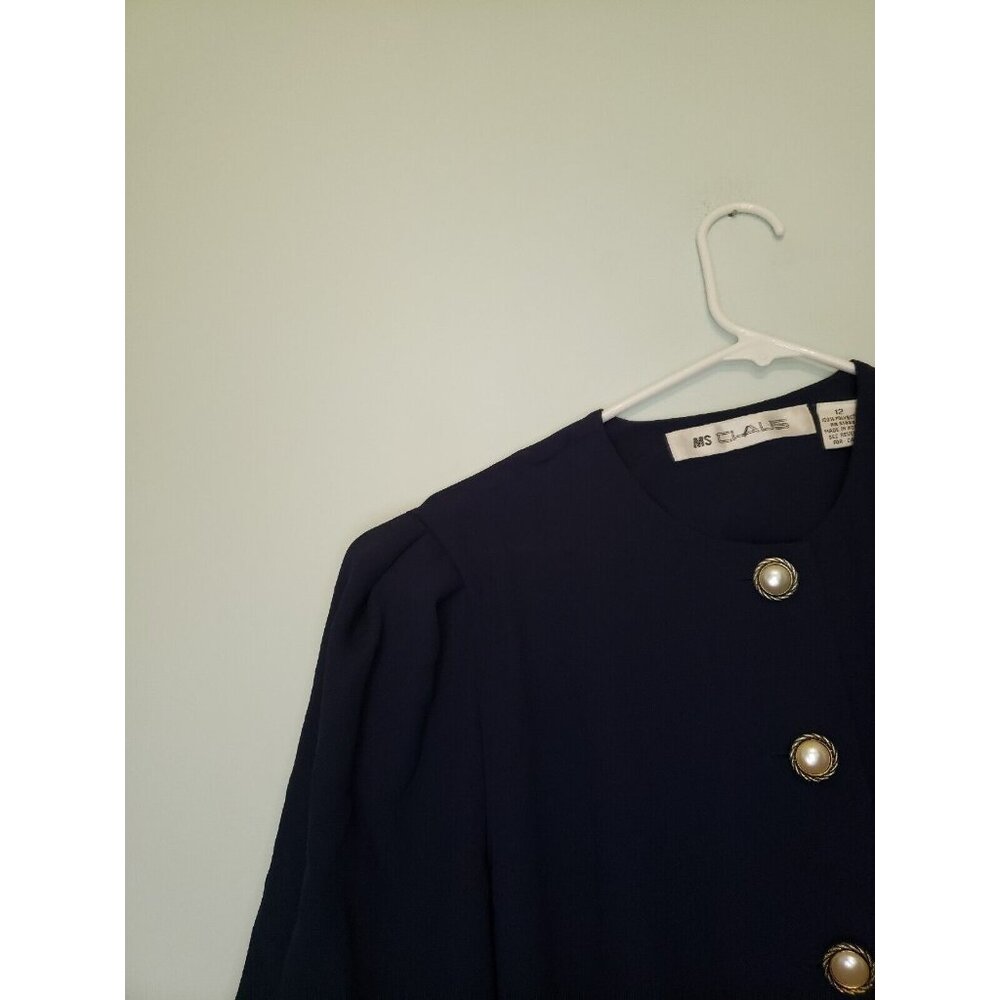 VTG Ms Chaus Womens Sz 12 Dress Button Front Navy Blue Fitted Waist 1970's - Picture 3 of 6